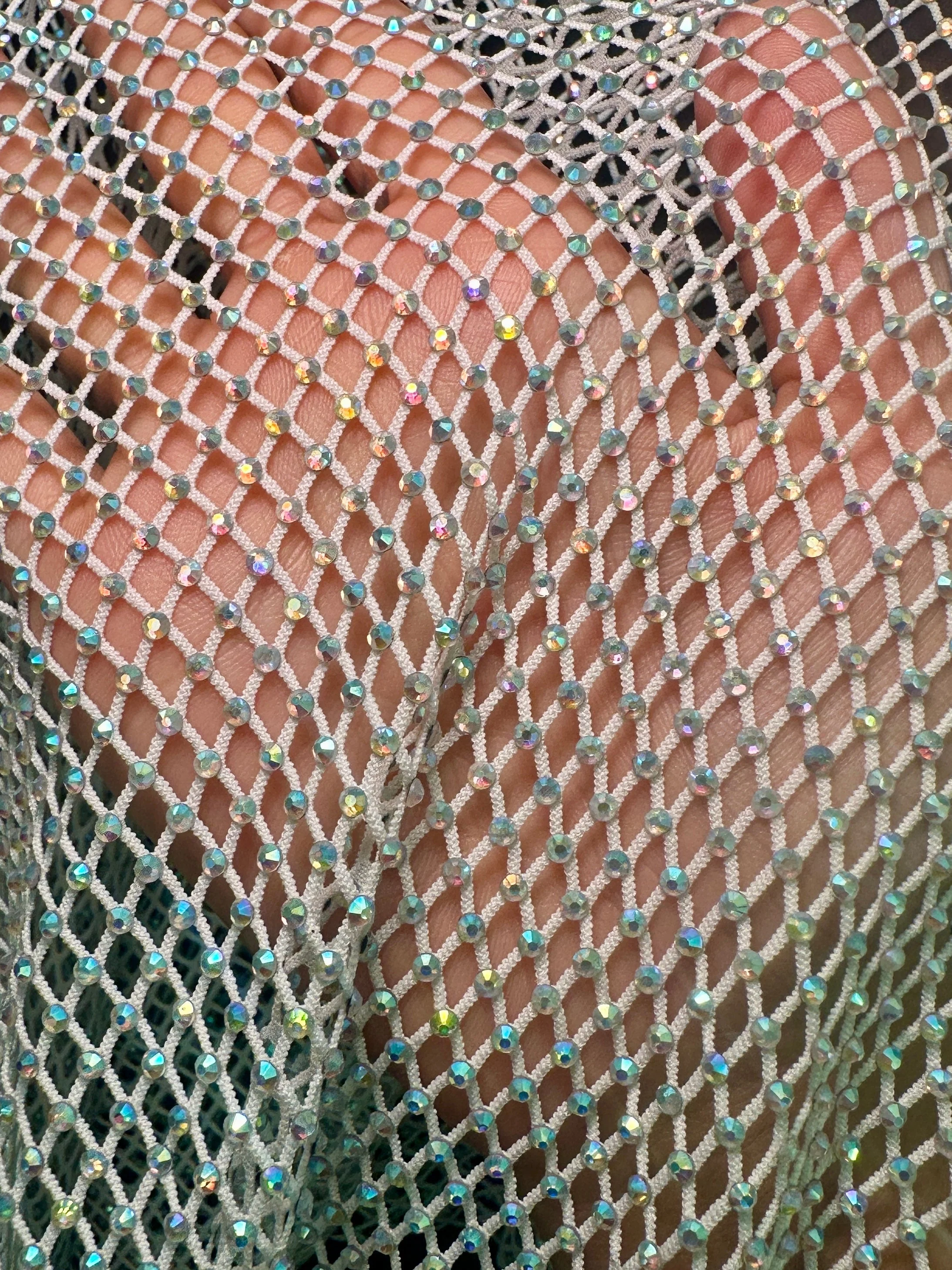 White Silver Rhinestone Diamond Fishnet Mesh - Image 4