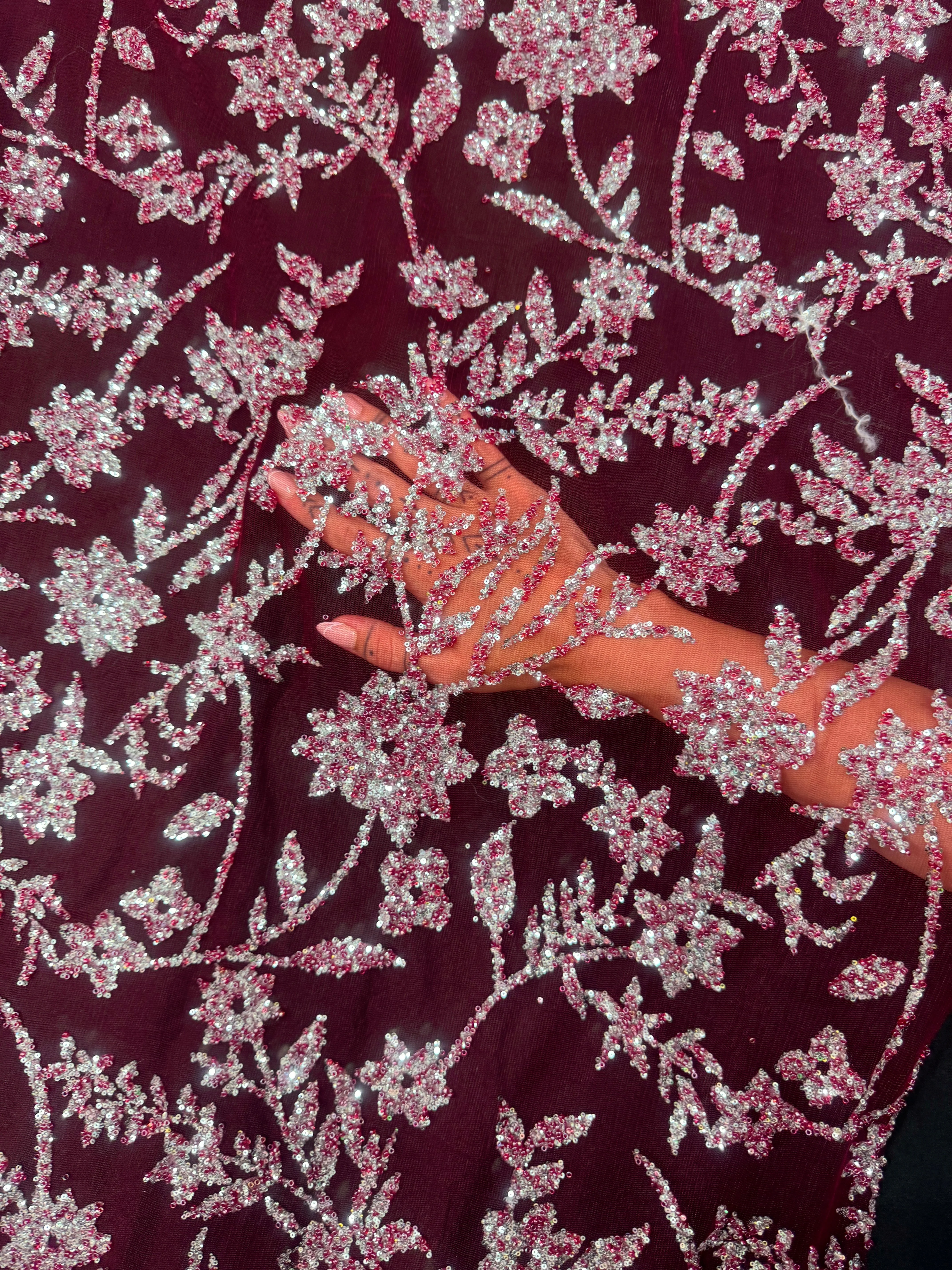 Wine Silver Floral Beaded Lace