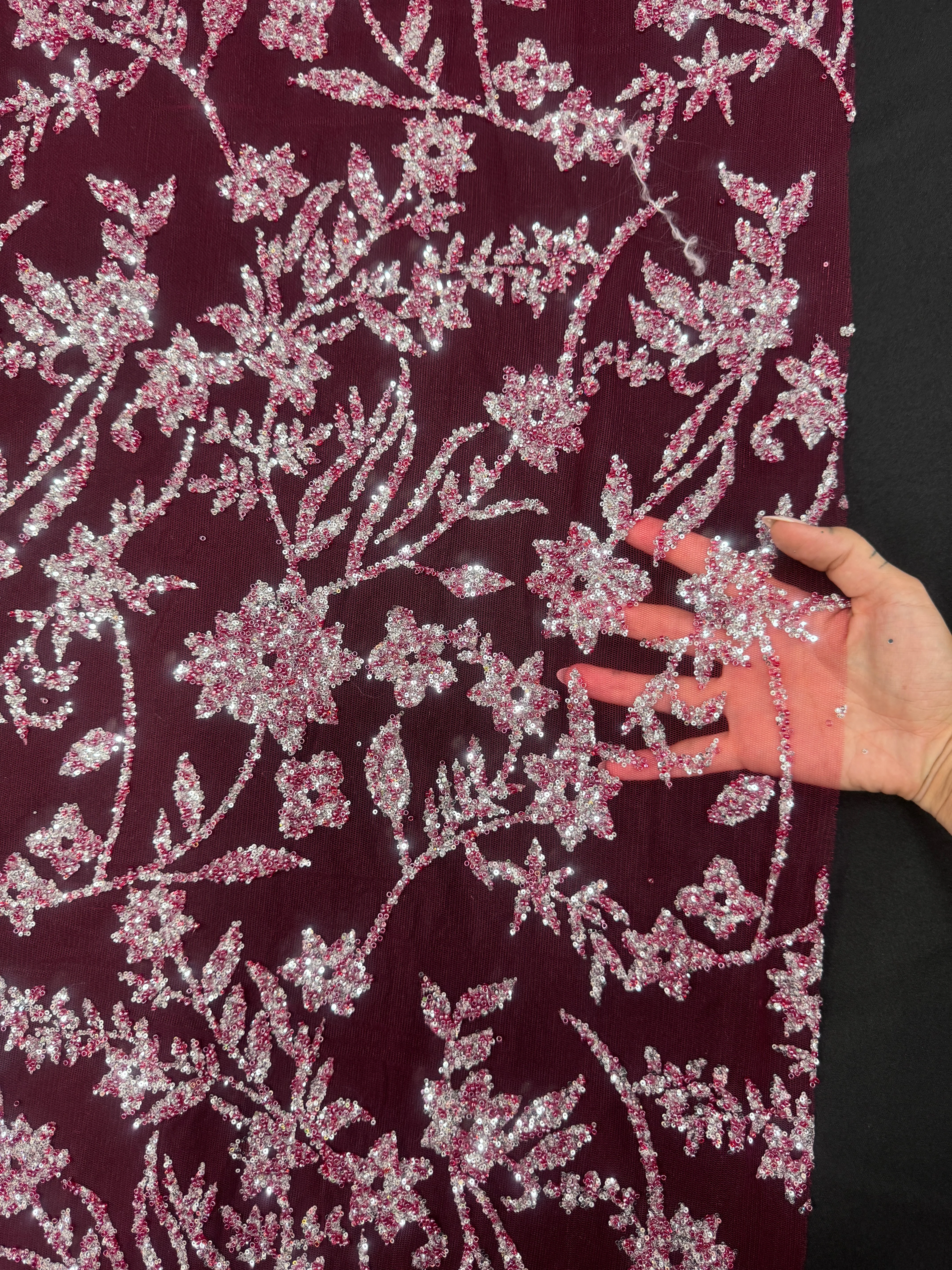 Wine Silver Floral Beaded Lace - Image 4