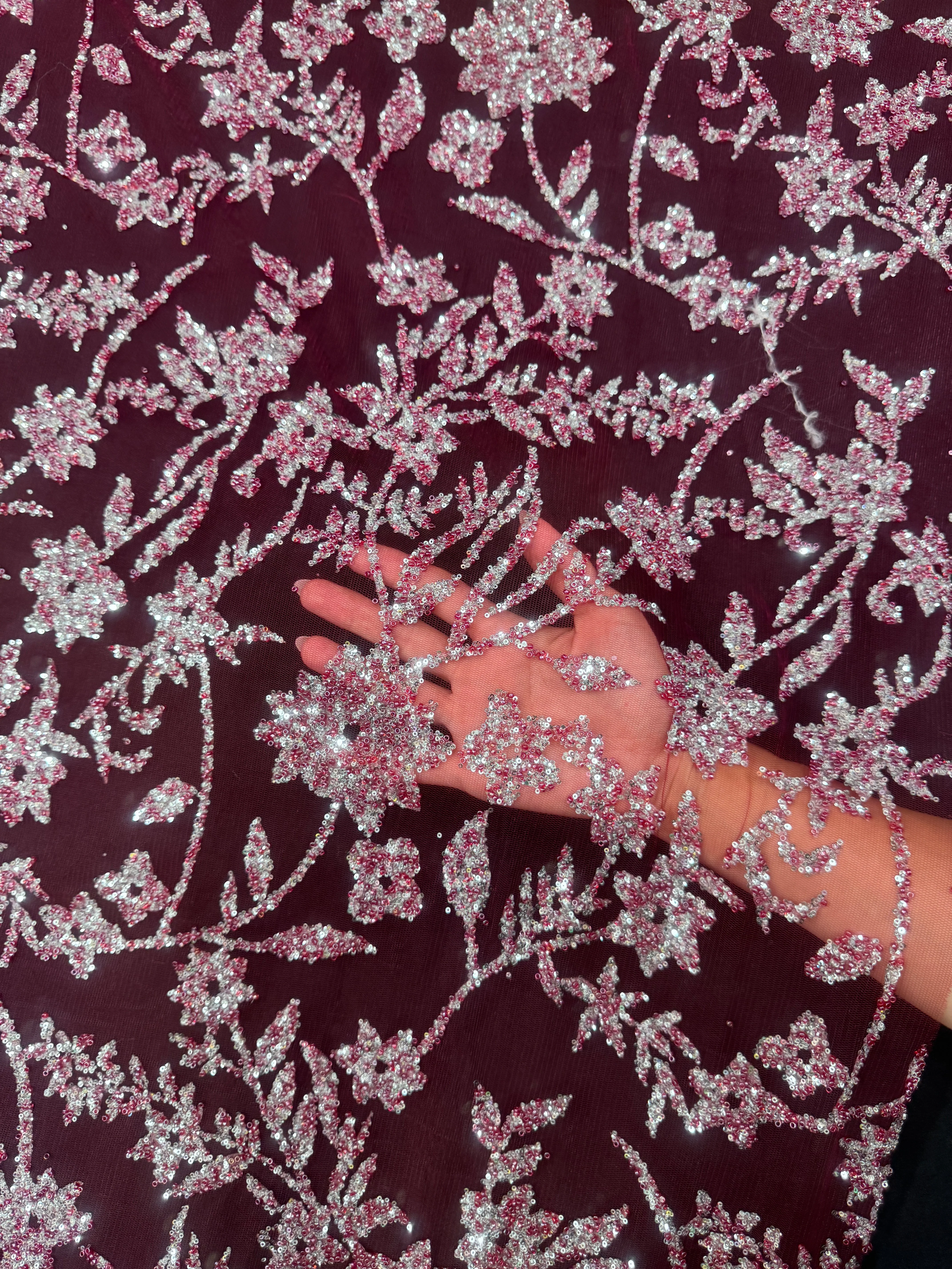 Wine Silver Floral Beaded Lace - Image 5