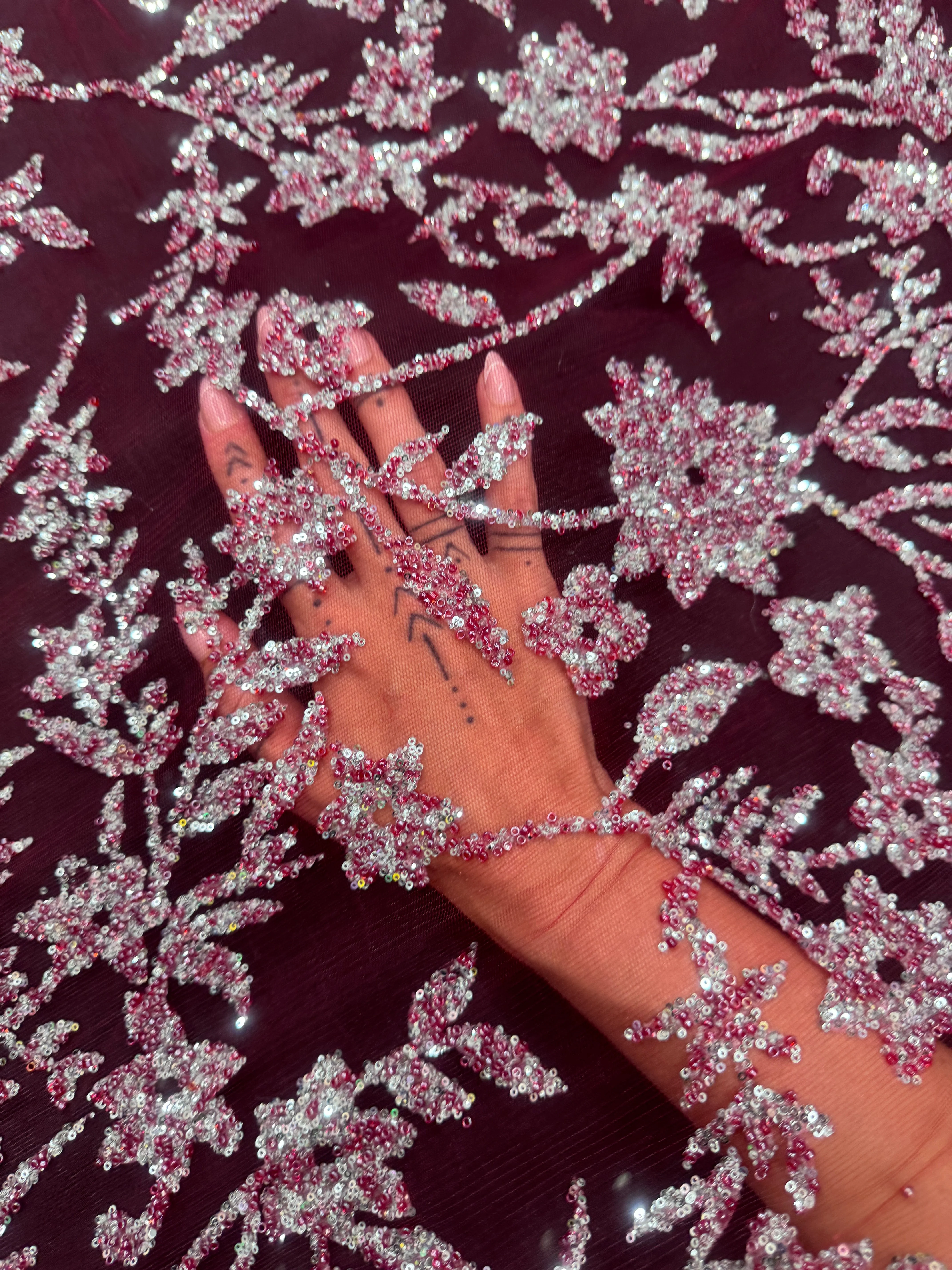 Wine Silver Floral Beaded Lace - Image 7