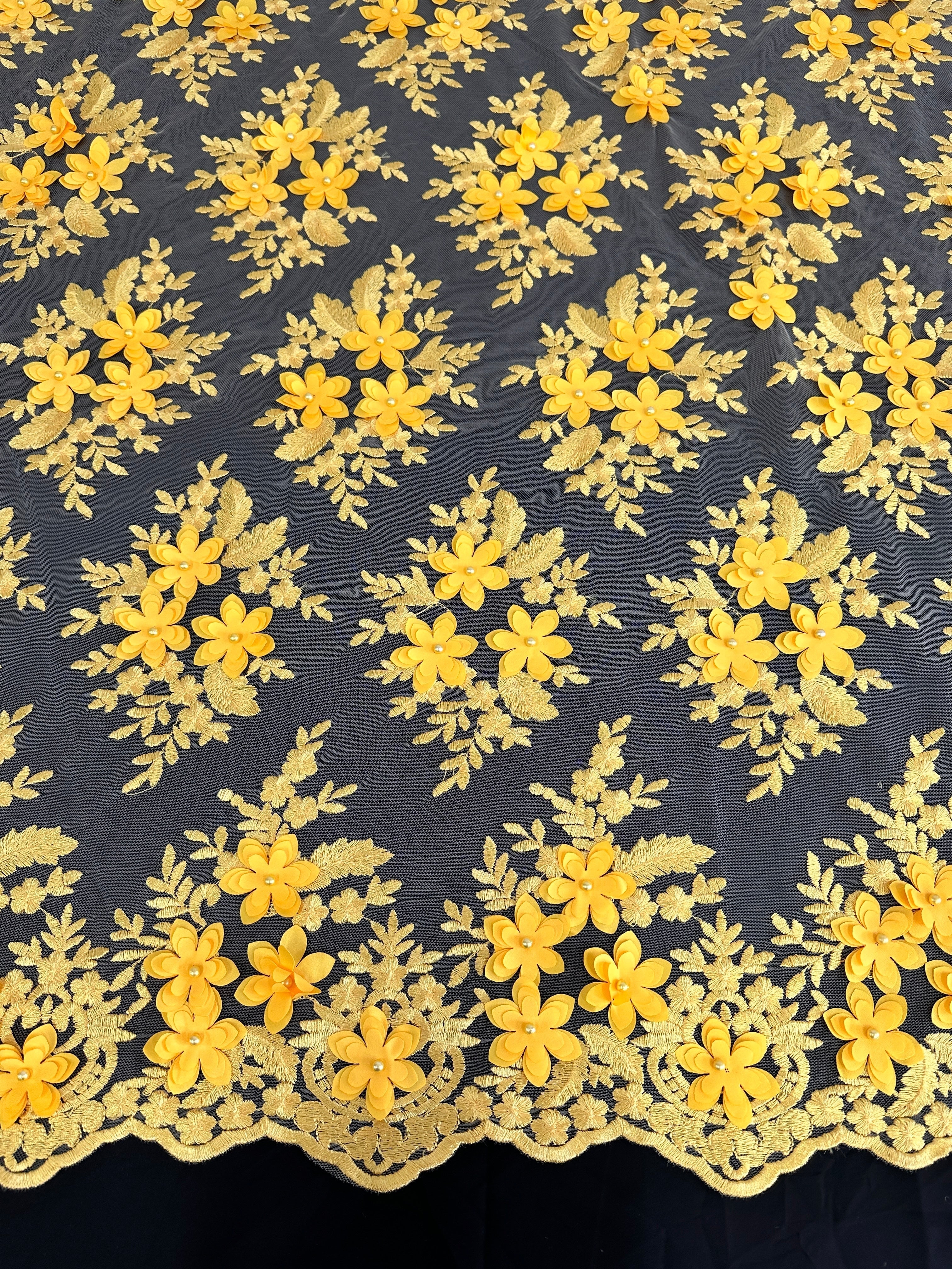 Yellow 3D Flower Scalloped Mesh Lace