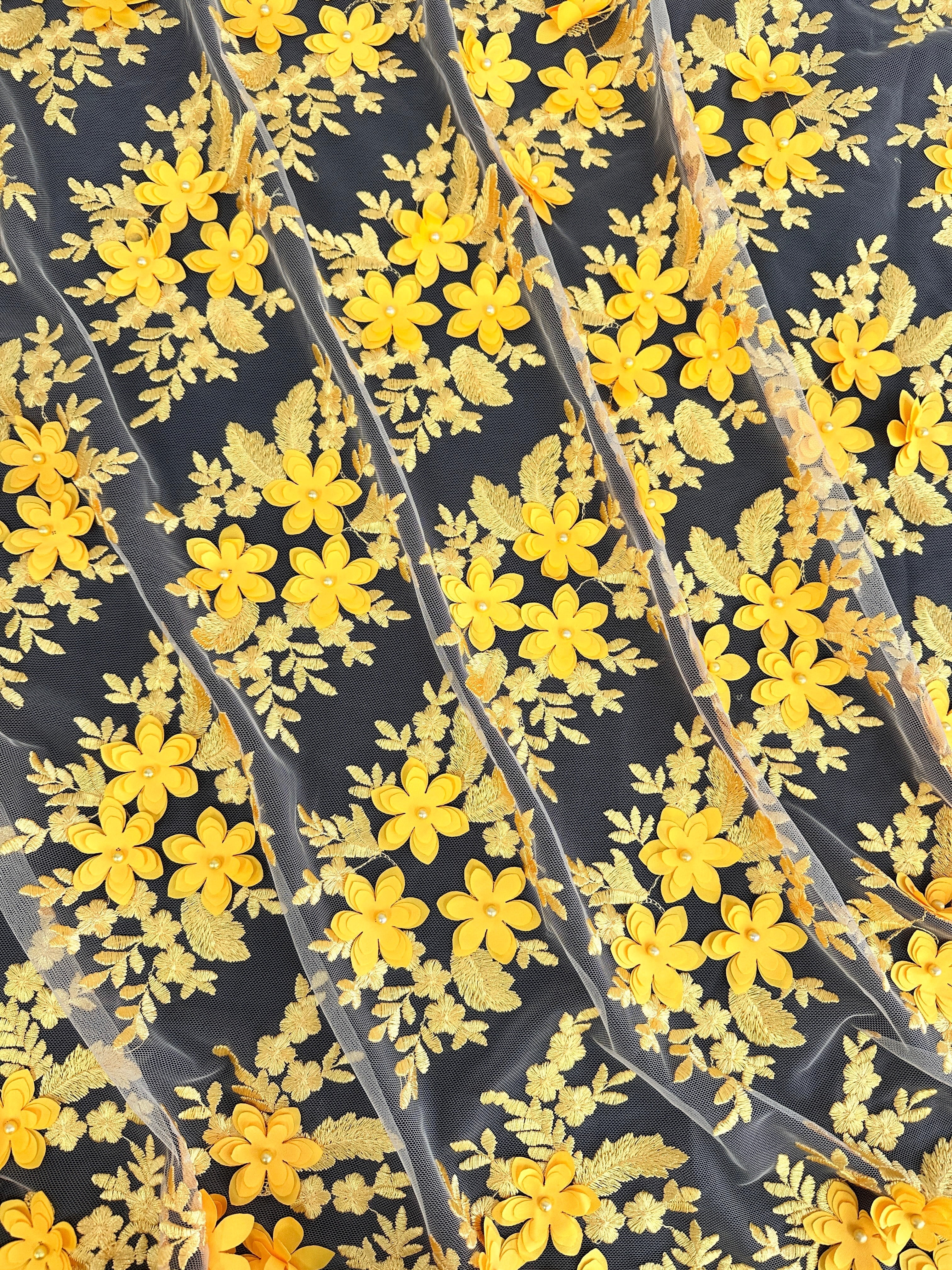 Yellow 3D Flower Scalloped Mesh Lace - Image 2