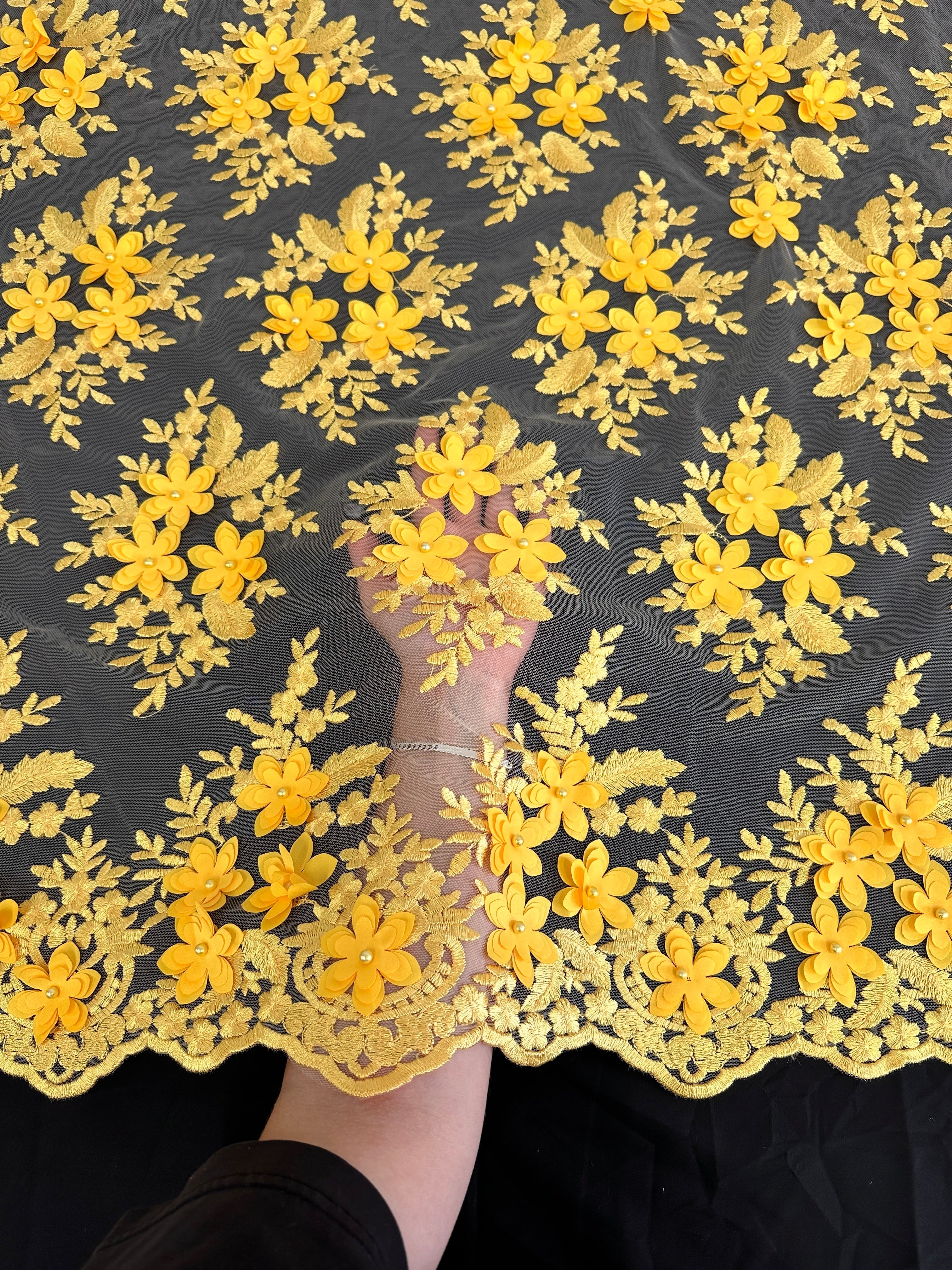 Yellow 3D Flower Scalloped Mesh Lace - Image 3
