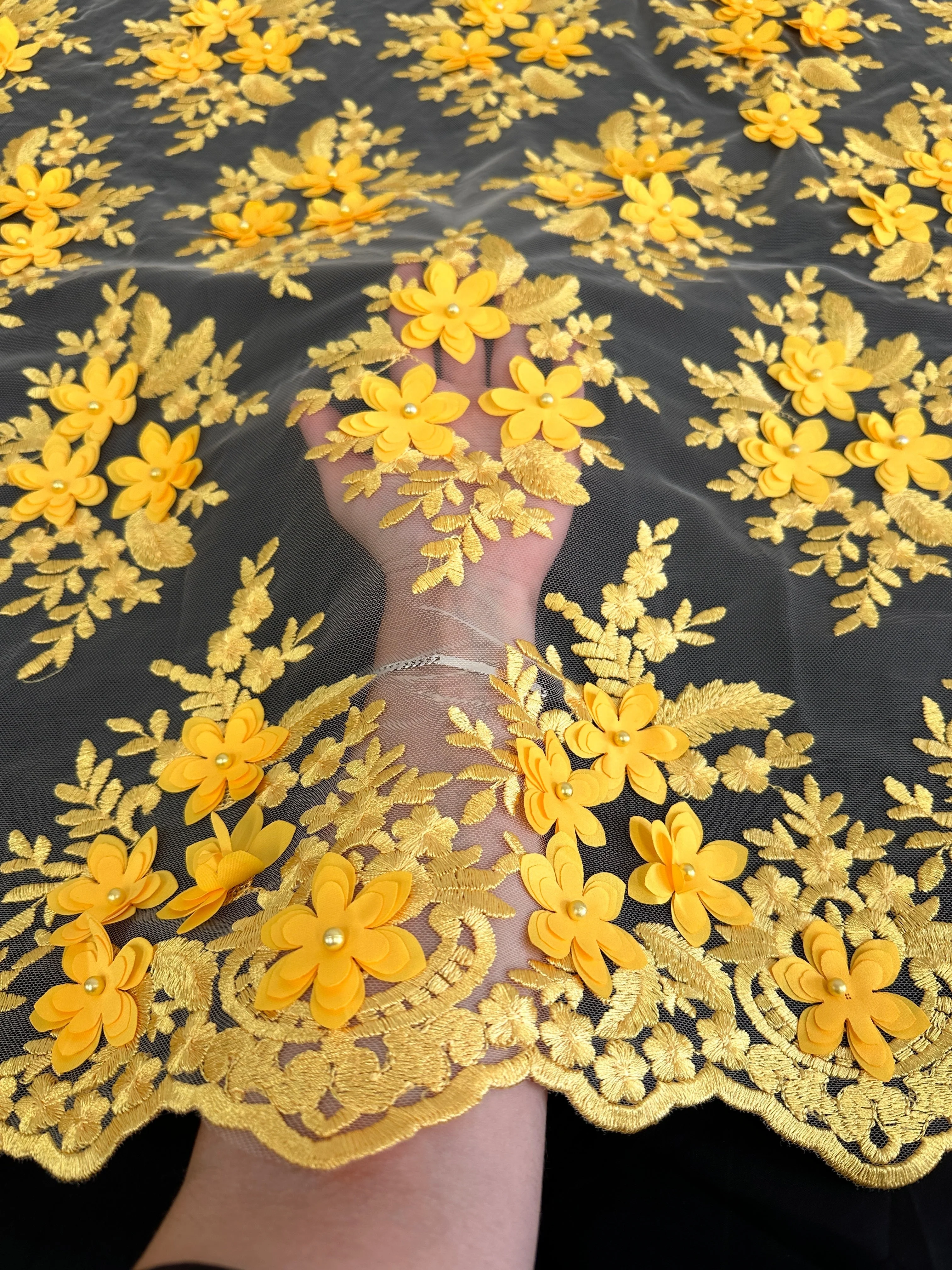 Yellow 3D Flower Scalloped Mesh Lace - Image 4