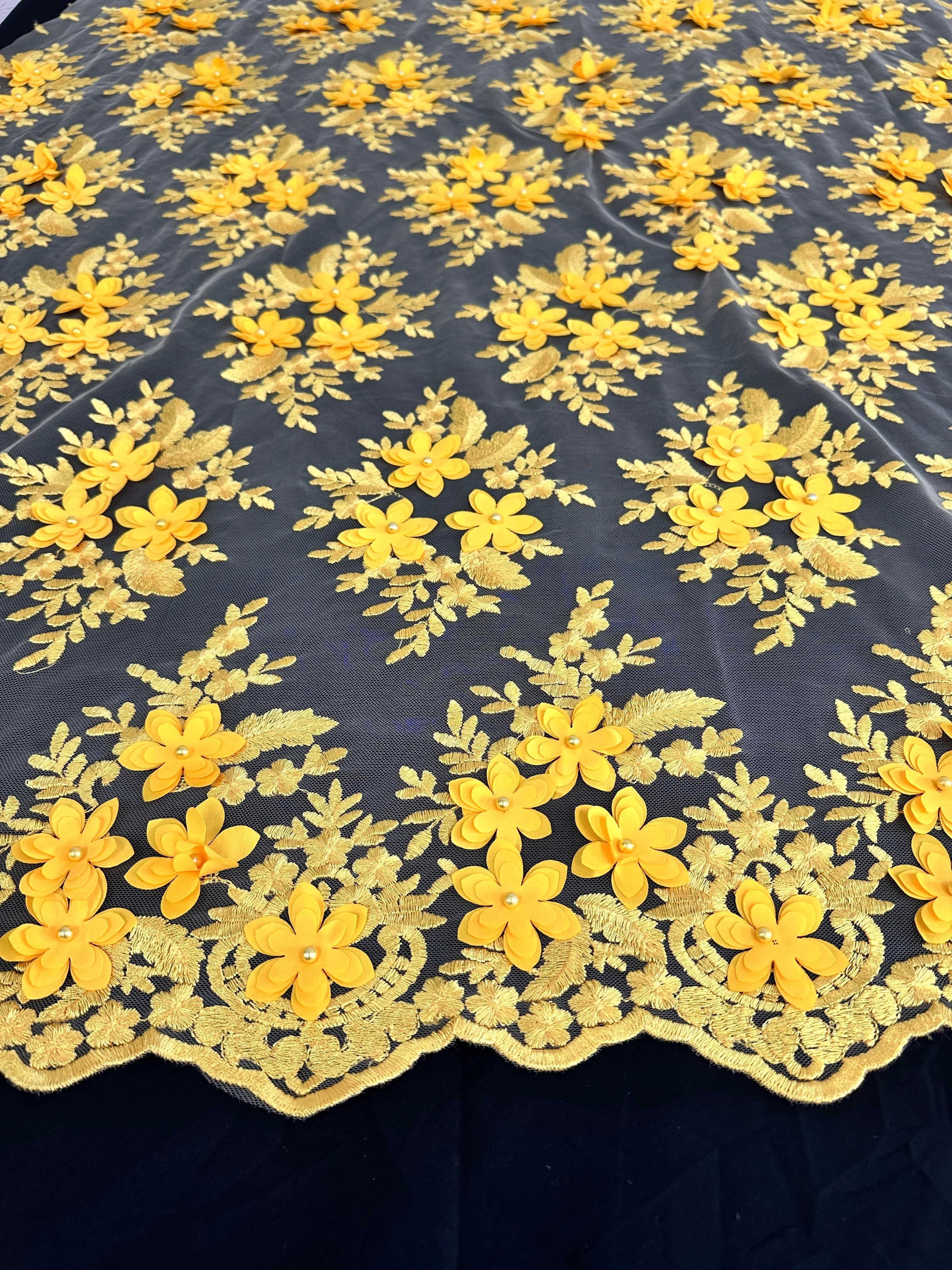 Yellow 3D Flower Scalloped Mesh Lace - Image 6