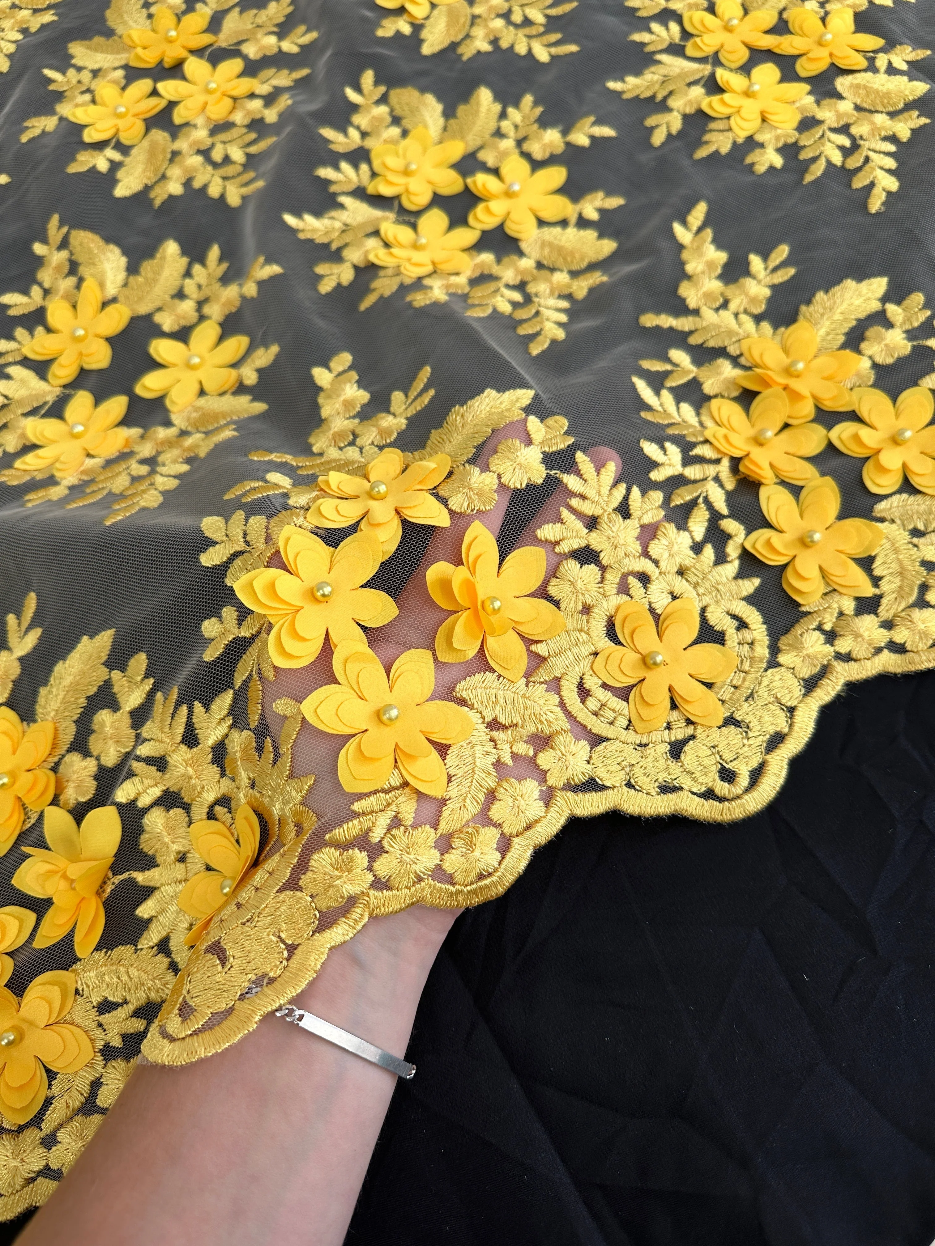Yellow 3D Flower Scalloped Mesh Lace - Image 7