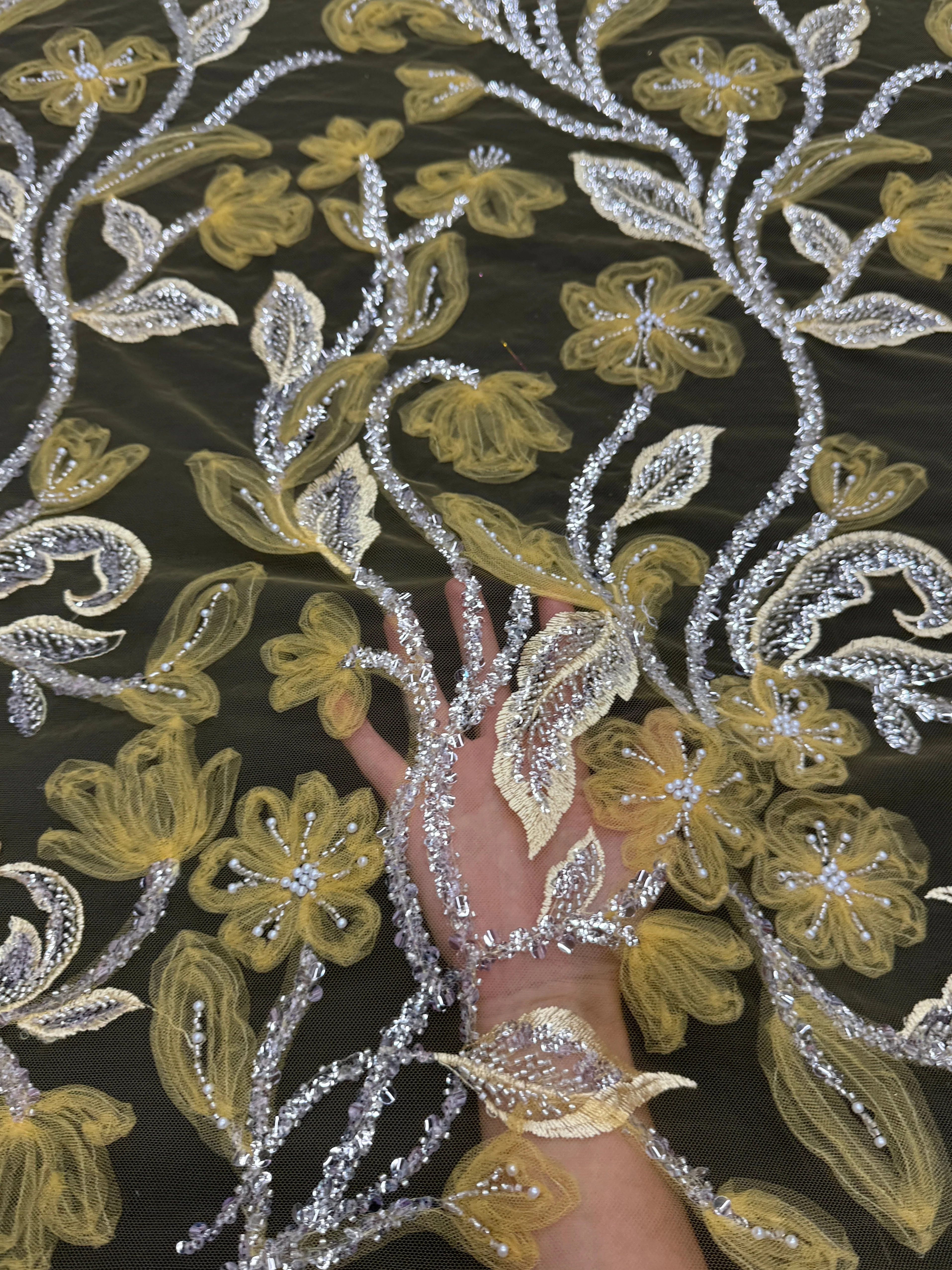 Yellow 3D Floral Tulle Beaded Lace Mesh