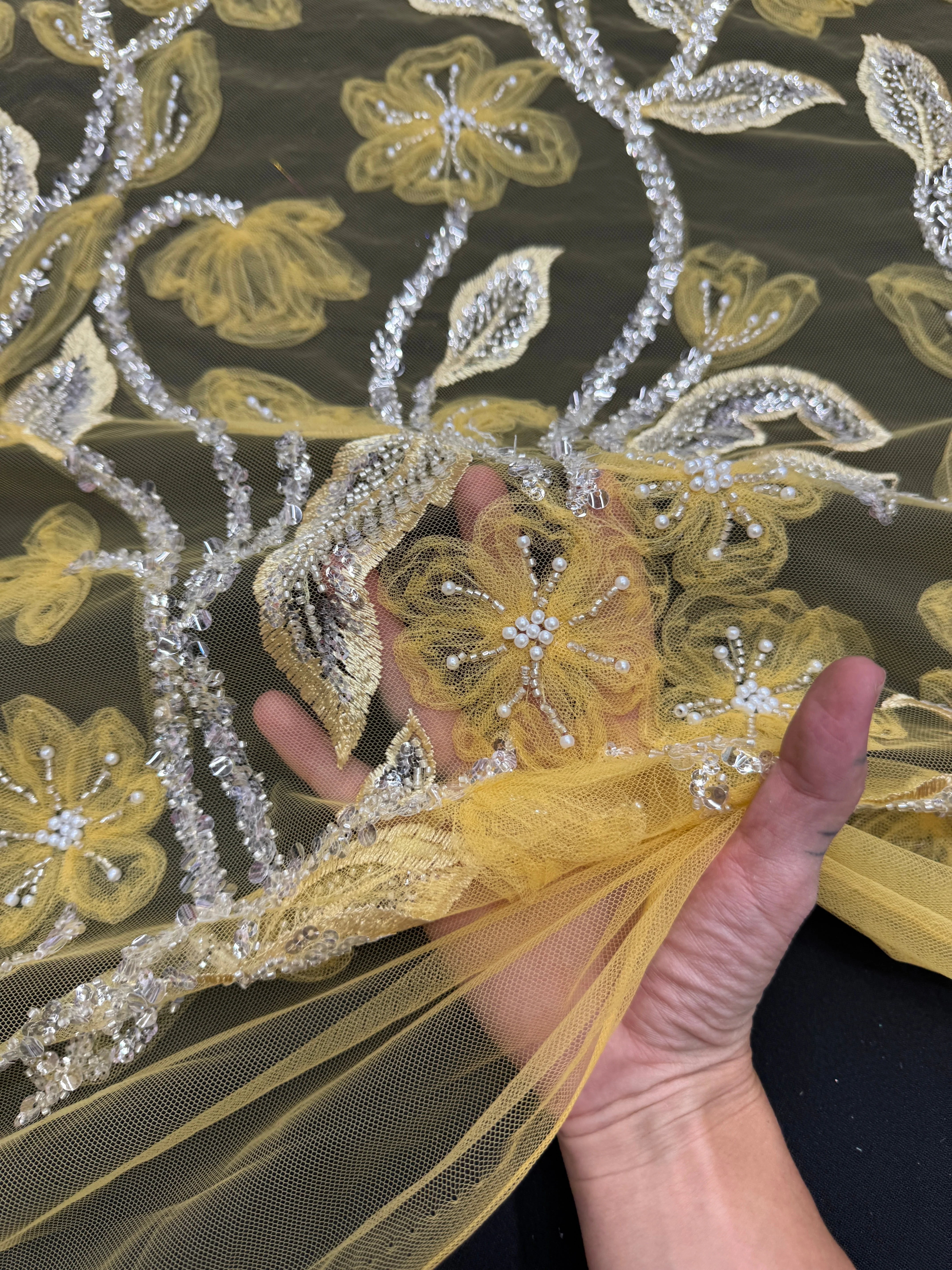 Yellow 3D Floral Tulle Beaded Lace Mesh - Image 10