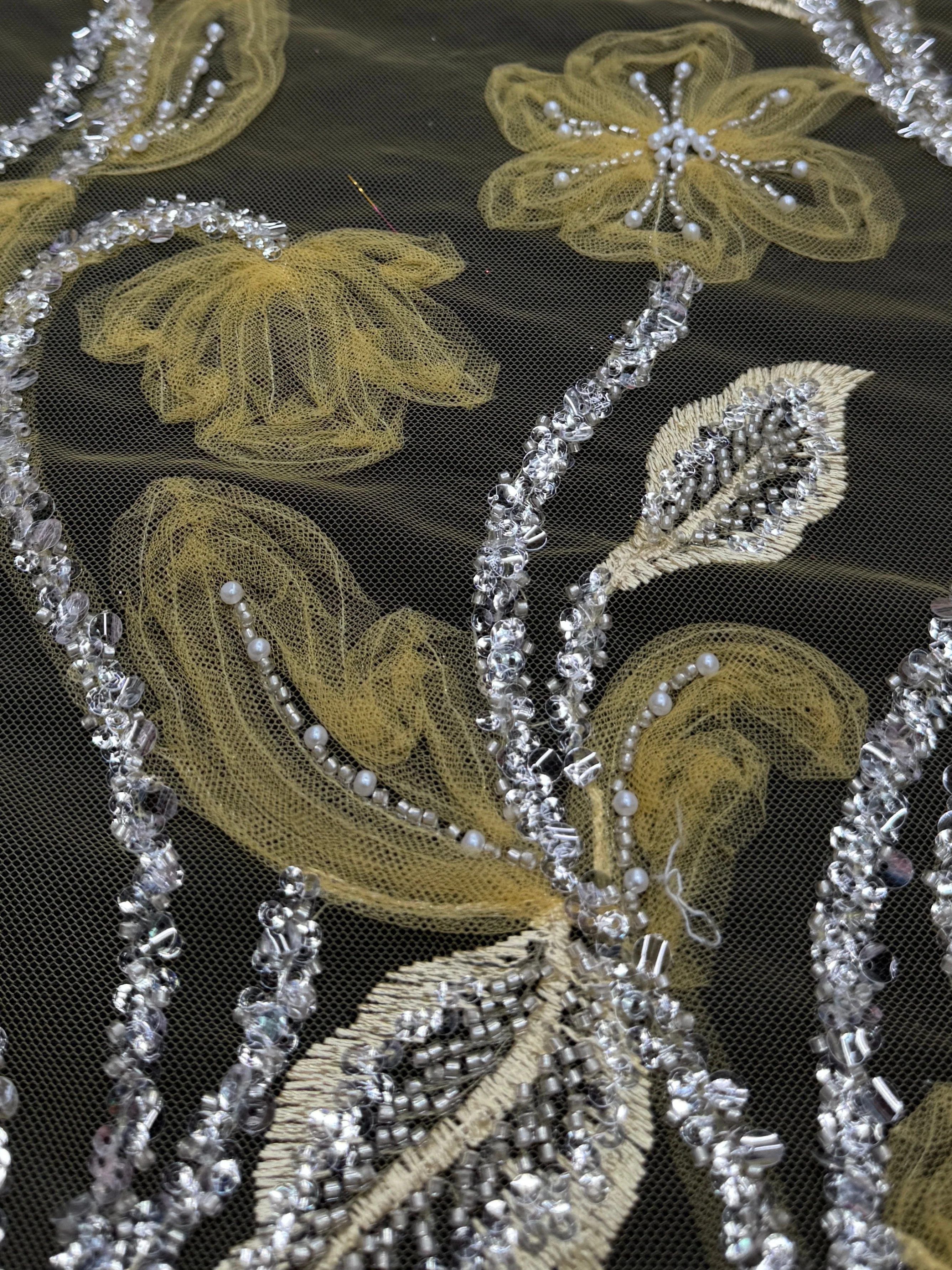 Yellow 3D Floral Tulle Beaded Lace Mesh - Image 2