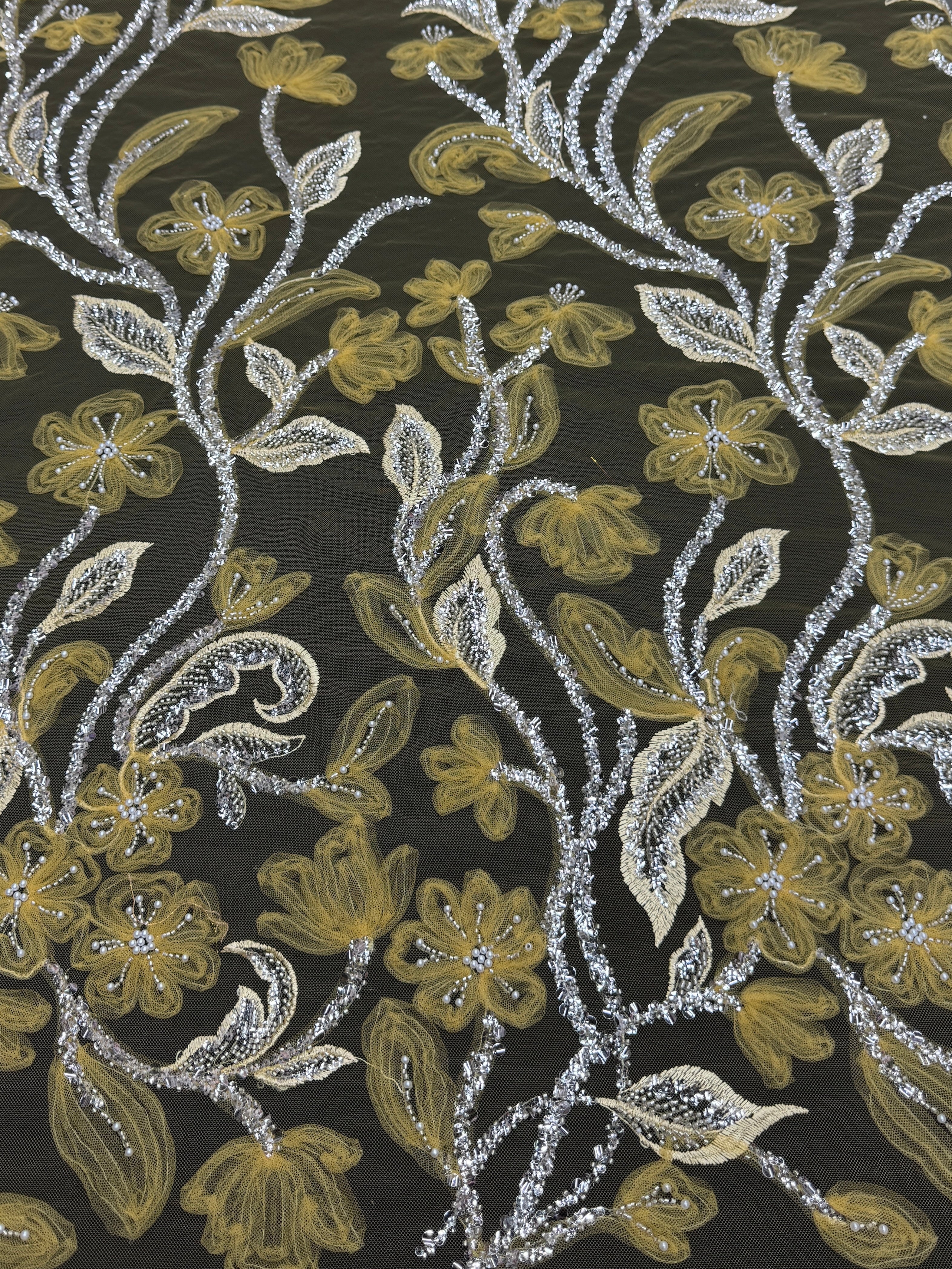 Yellow 3D Floral Tulle Beaded Lace Mesh - Image 3
