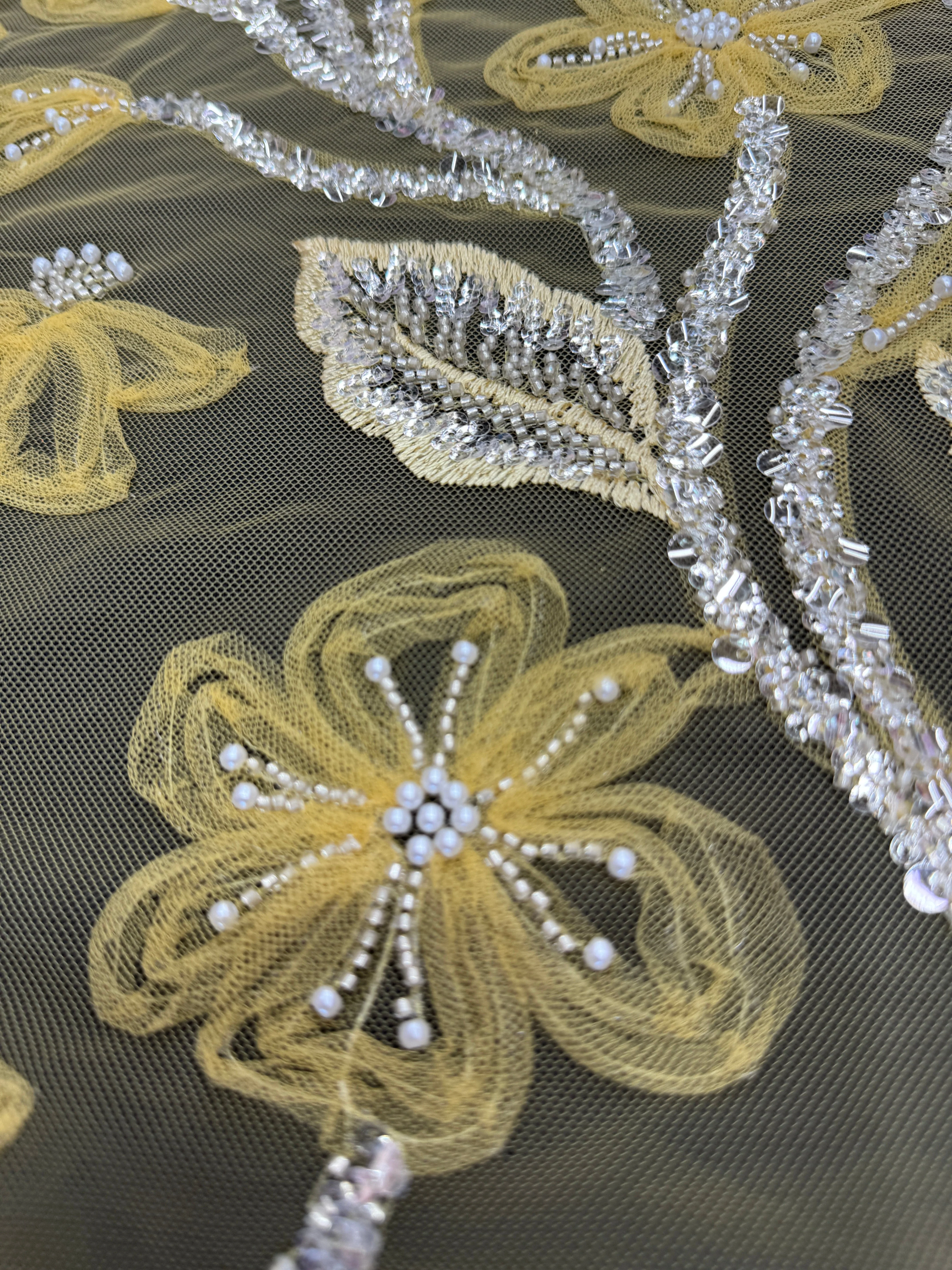 Yellow 3D Floral Tulle Beaded Lace Mesh - Image 4