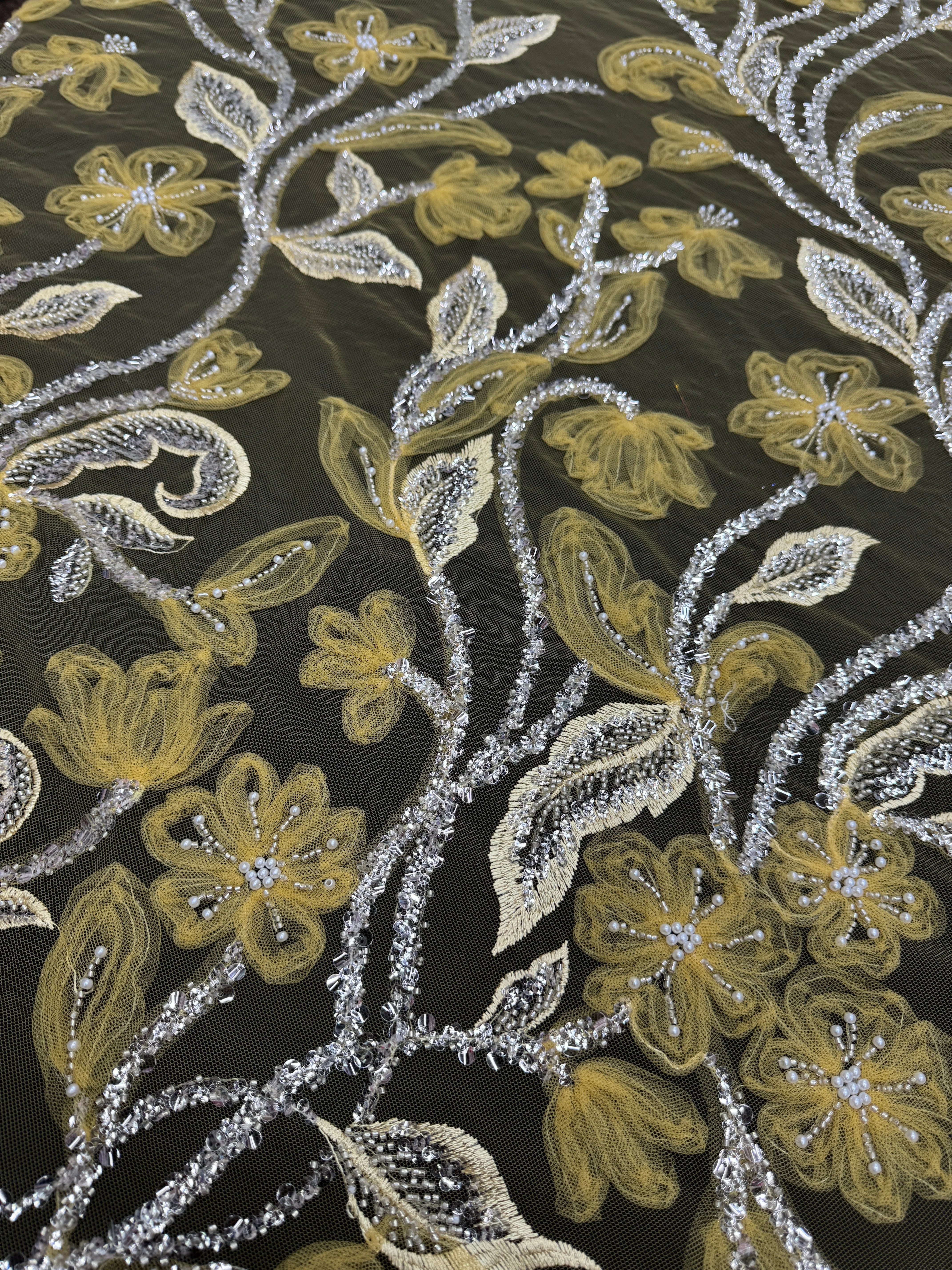 Yellow 3D Floral Tulle Beaded Lace Mesh - Image 5