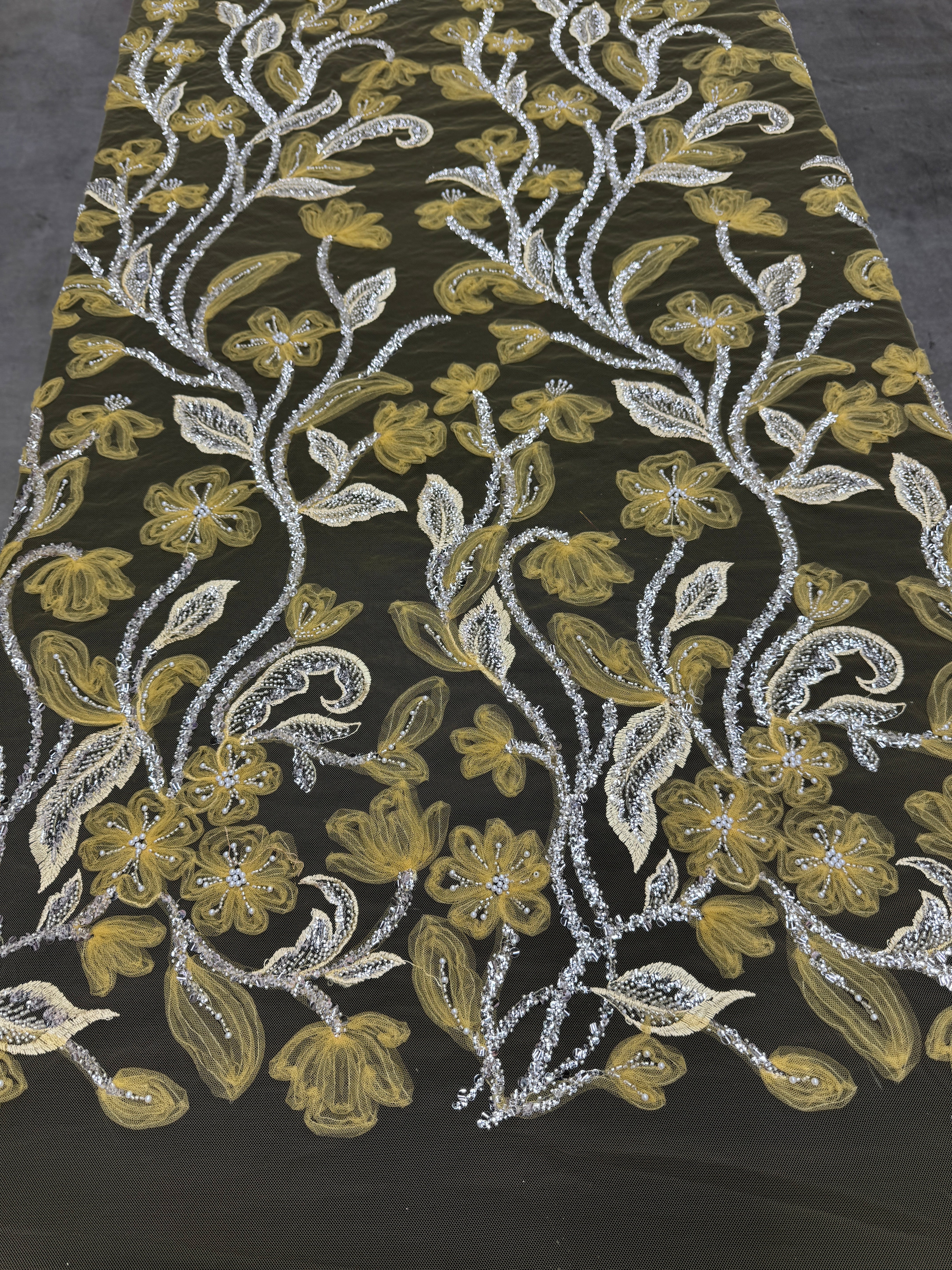 Yellow 3D Floral Tulle Beaded Lace Mesh - Image 6