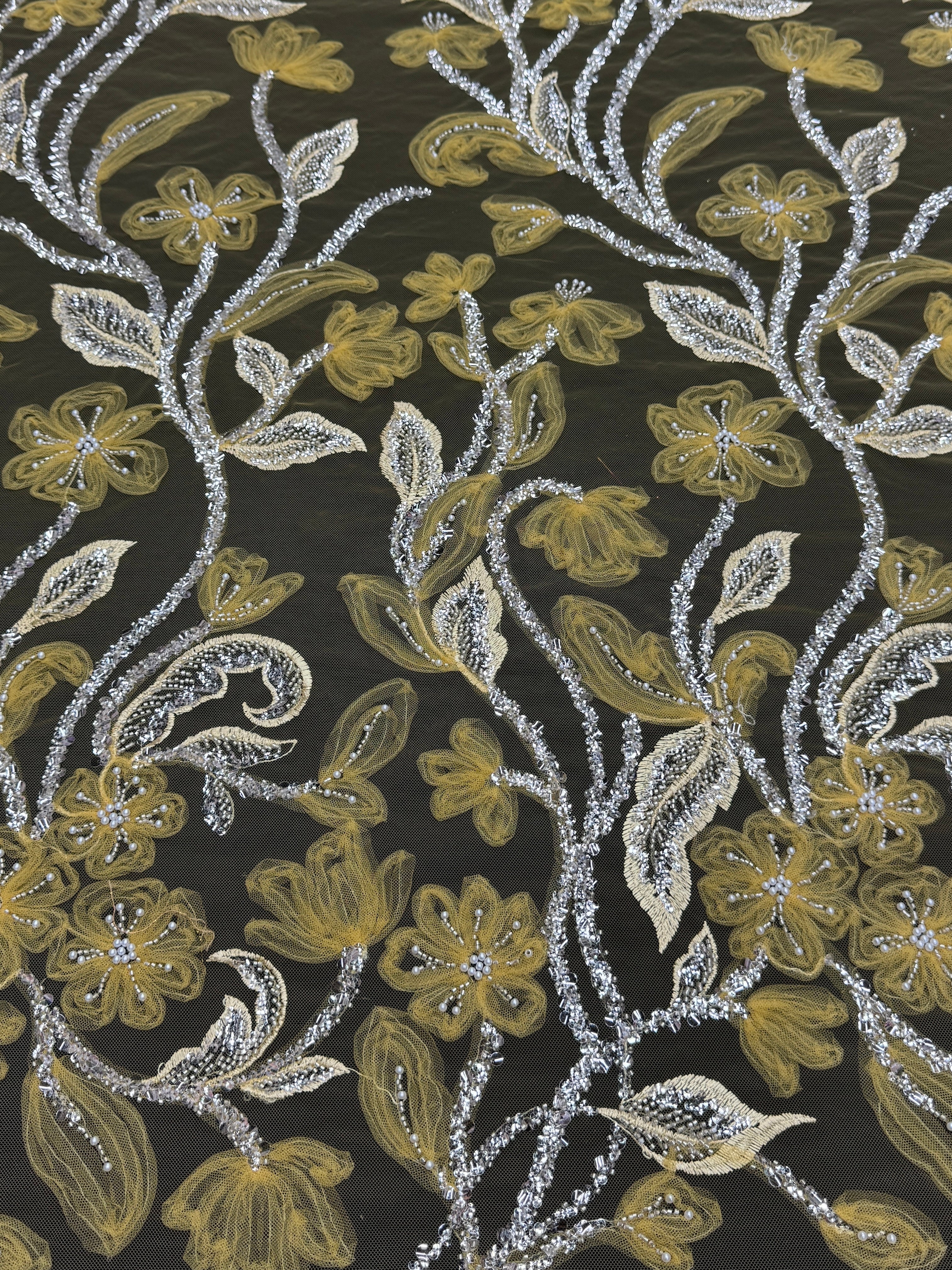 Yellow 3D Floral Tulle Beaded Lace Mesh - Image 7