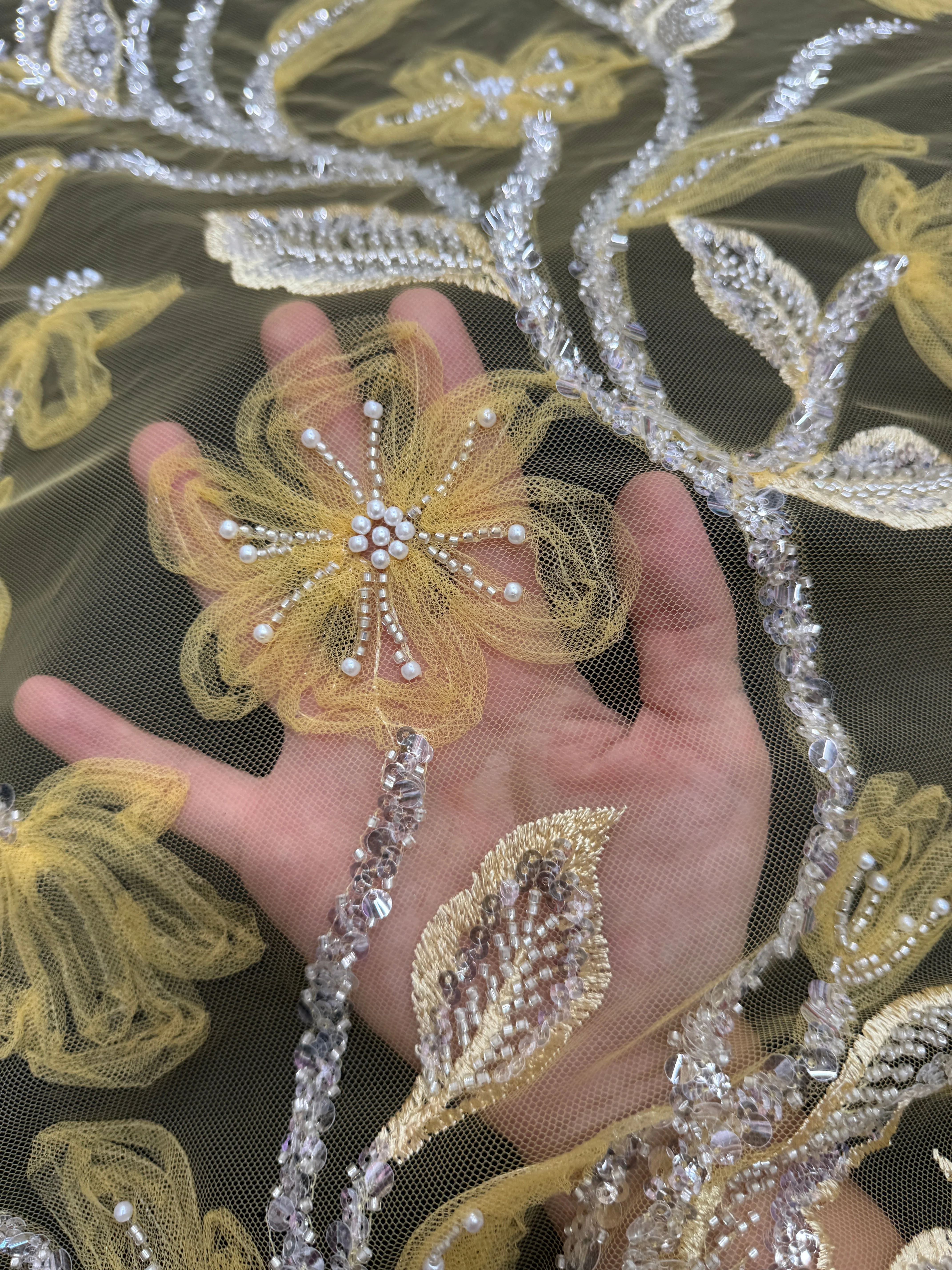 Yellow 3D Floral Tulle Beaded Lace Mesh - Image 8