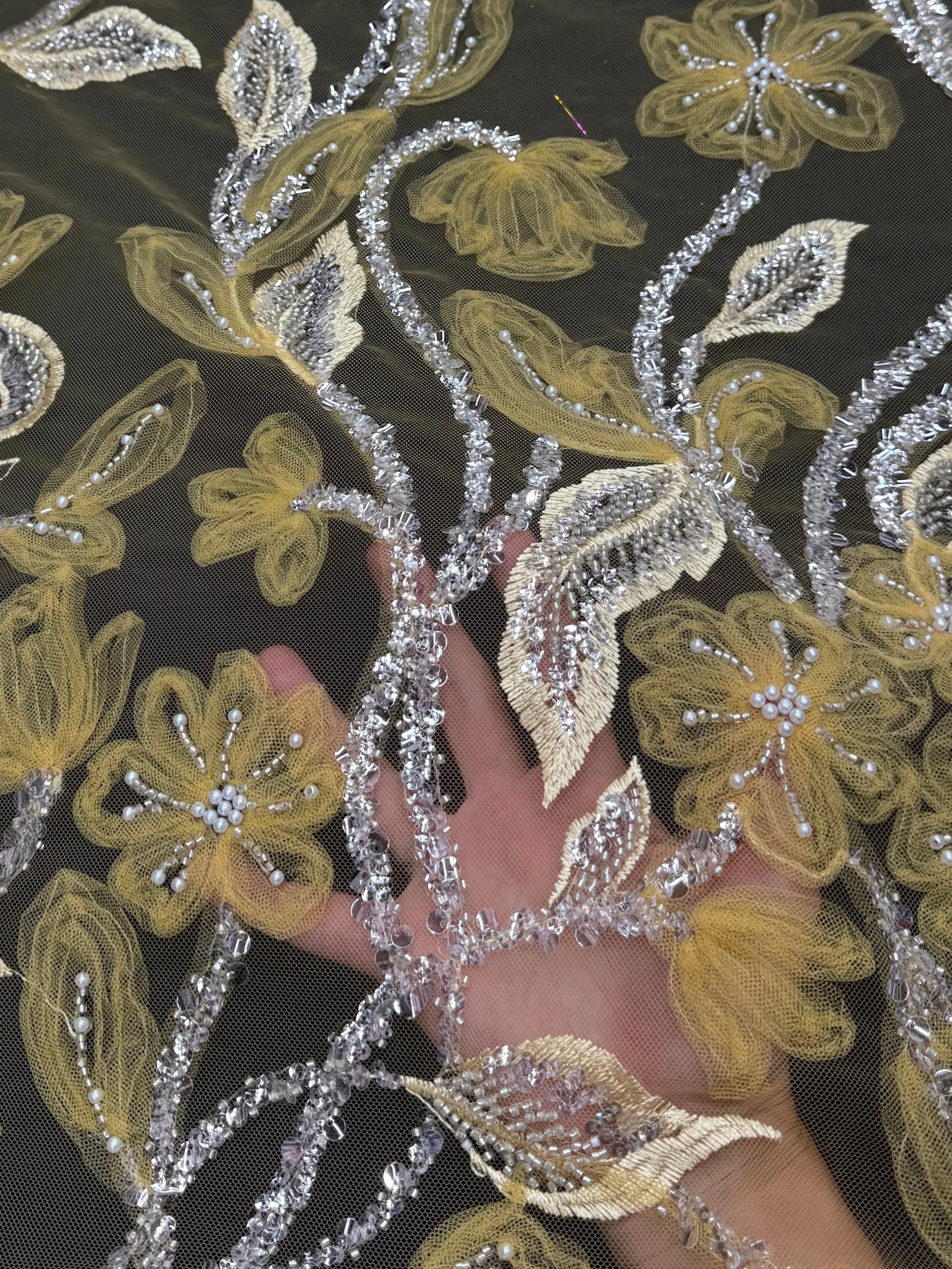 Yellow 3D Floral Tulle Beaded Lace Mesh - Image 9