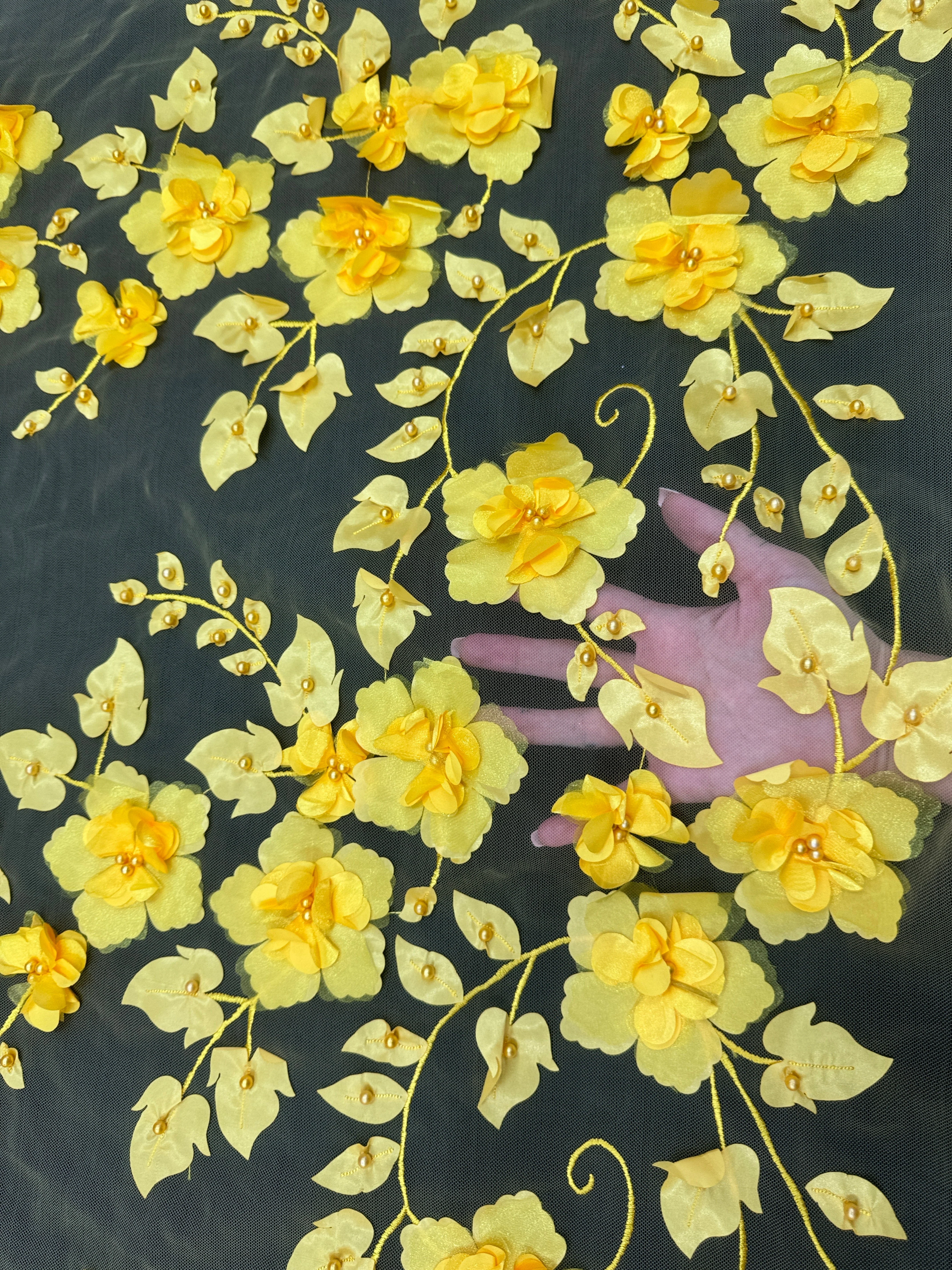 Yellow 3D Flower Beaded Lace Mesh