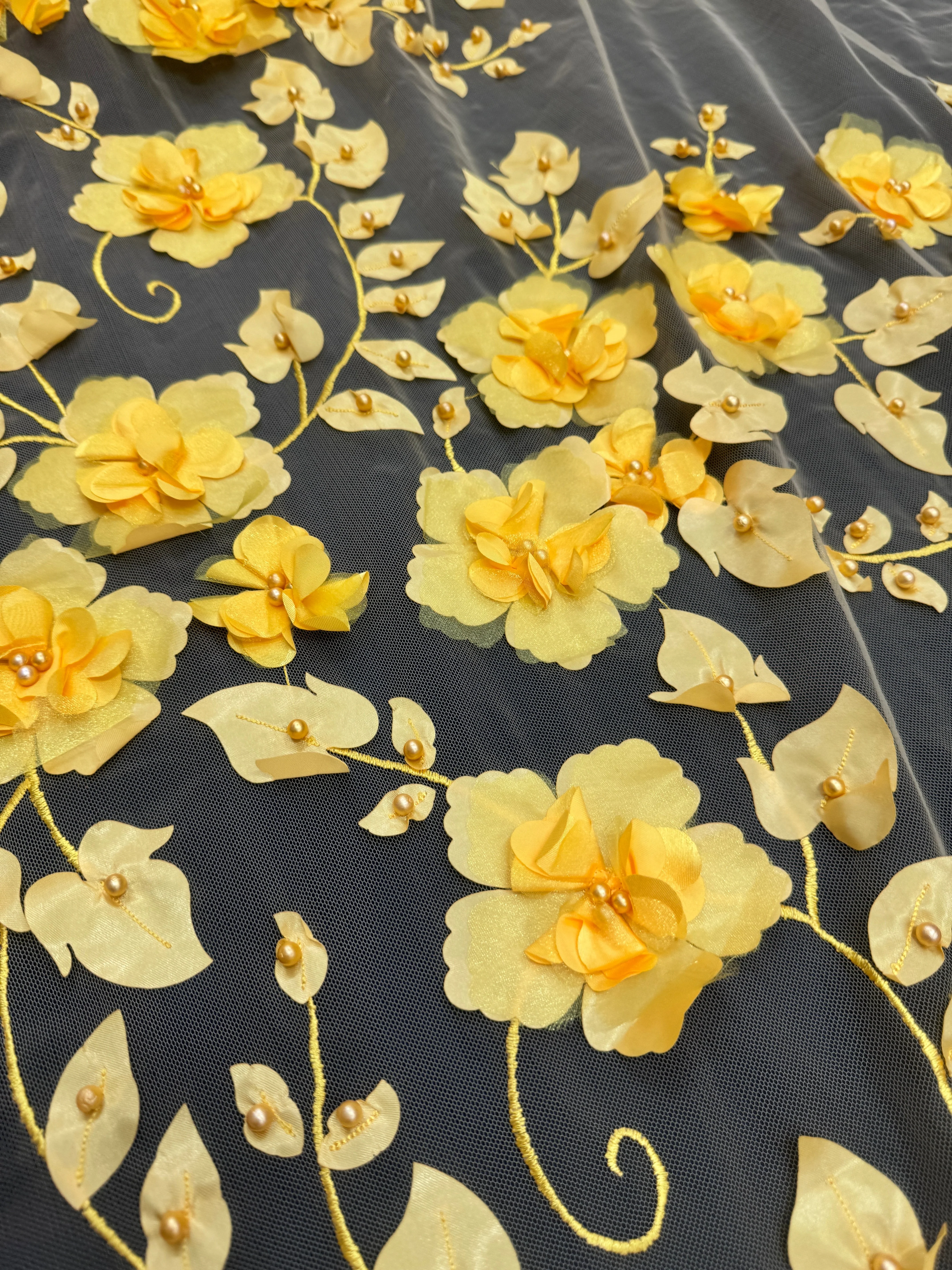 Yellow 3D Flower Beaded Lace Mesh - Image 2