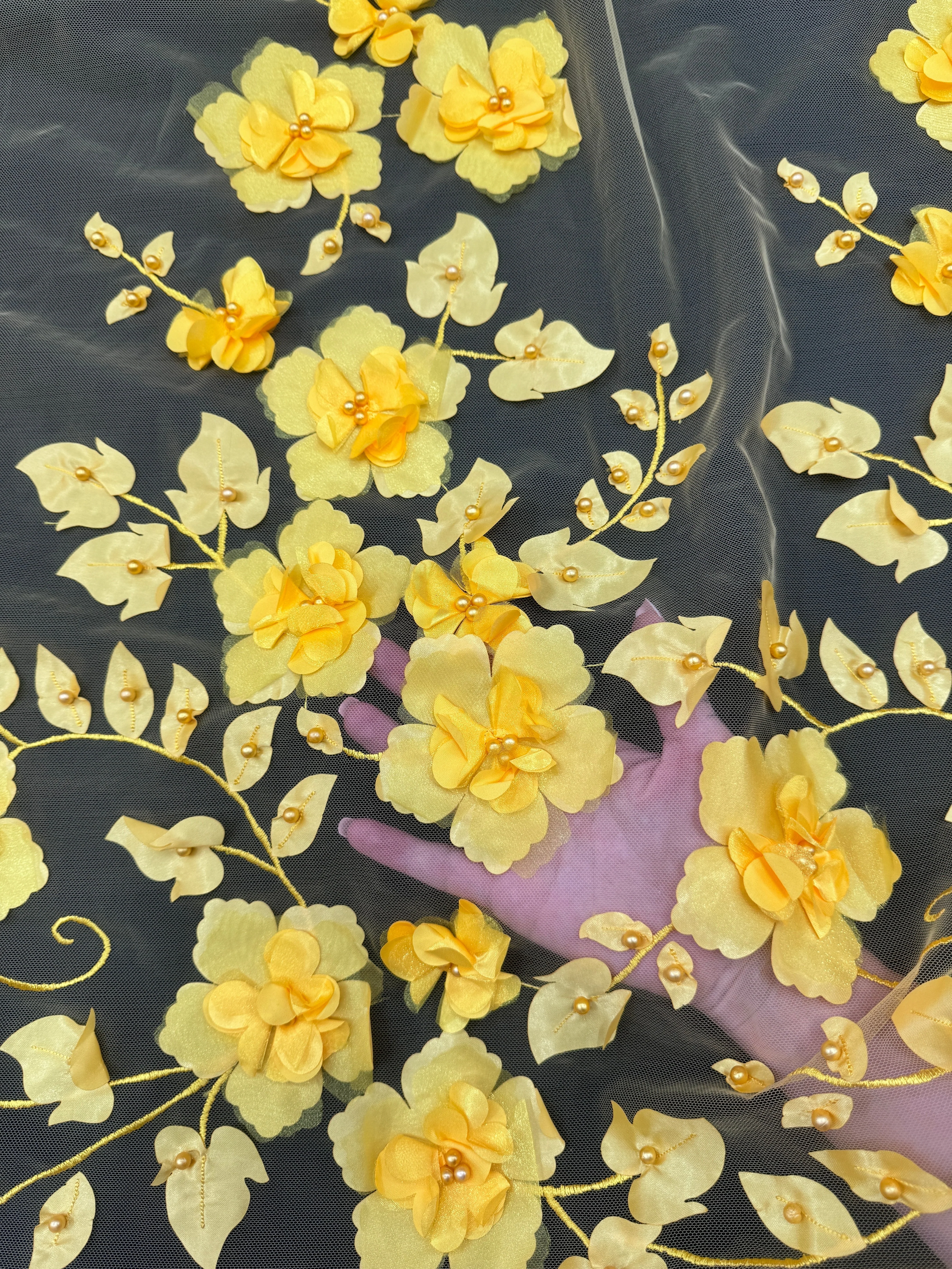 Yellow 3D Flower Beaded Lace Mesh - Image 4