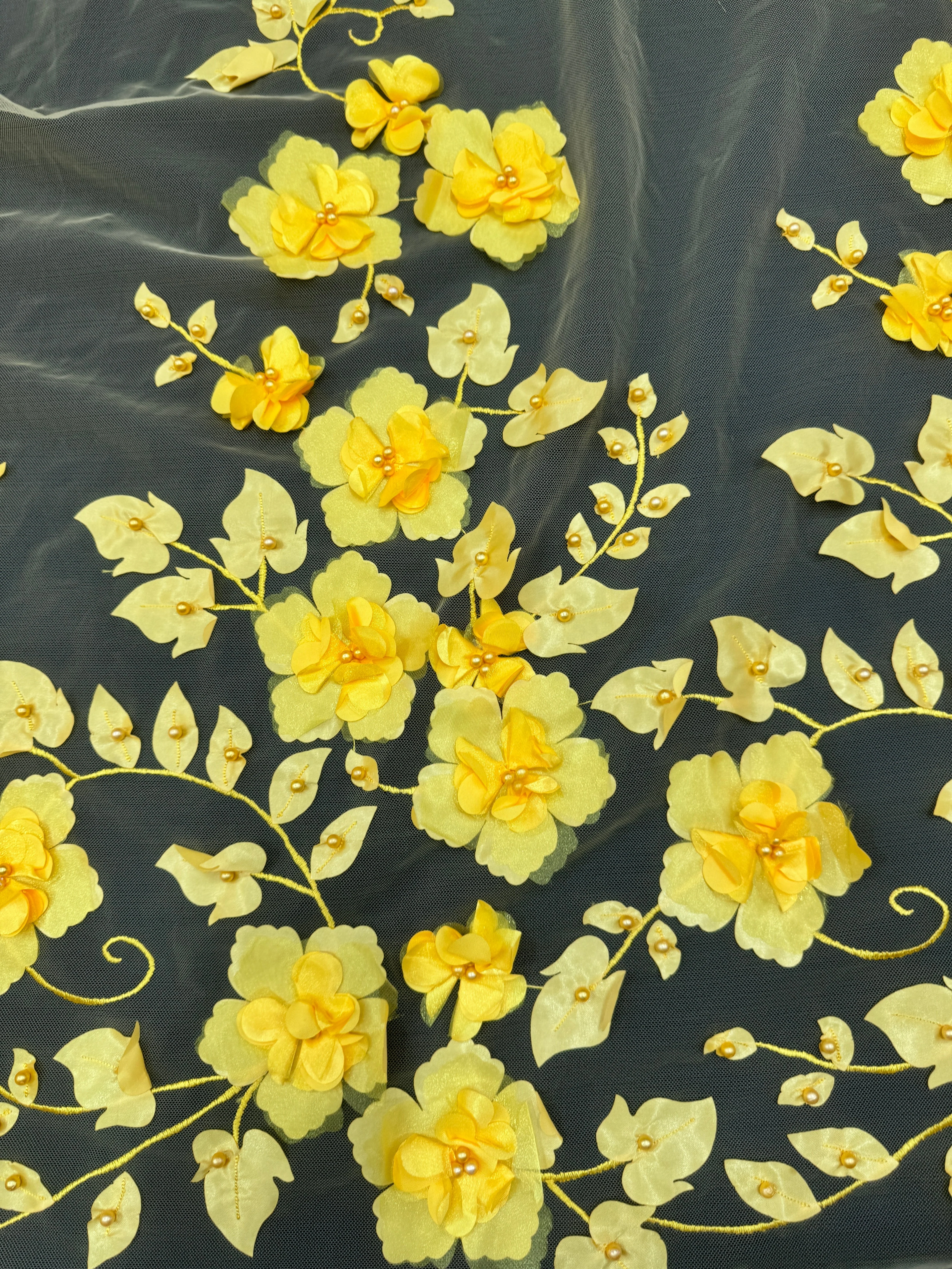 Yellow 3D Flower Beaded Lace Mesh - Image 5