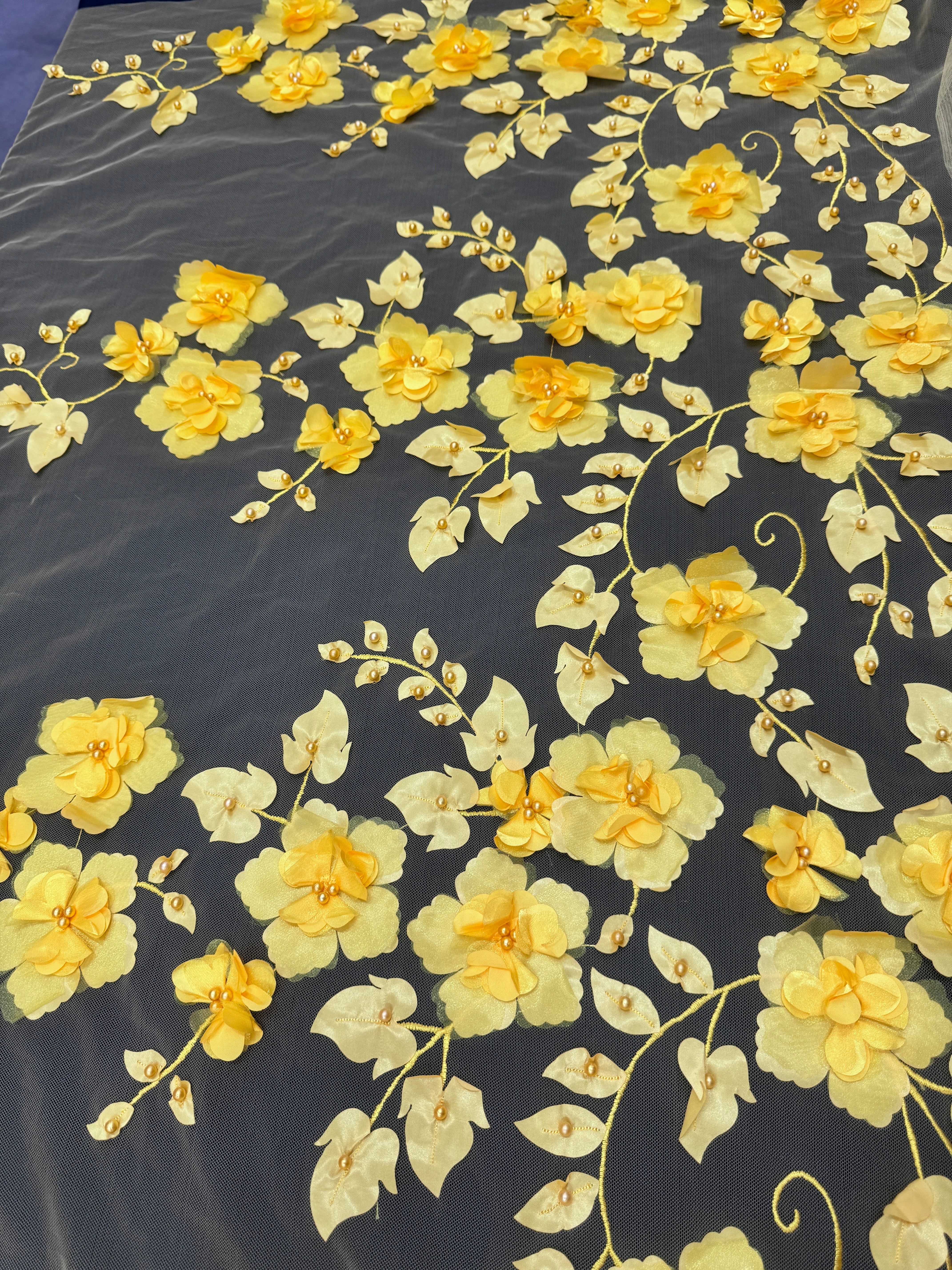 Yellow 3D Flower Beaded Lace Mesh - Image 6