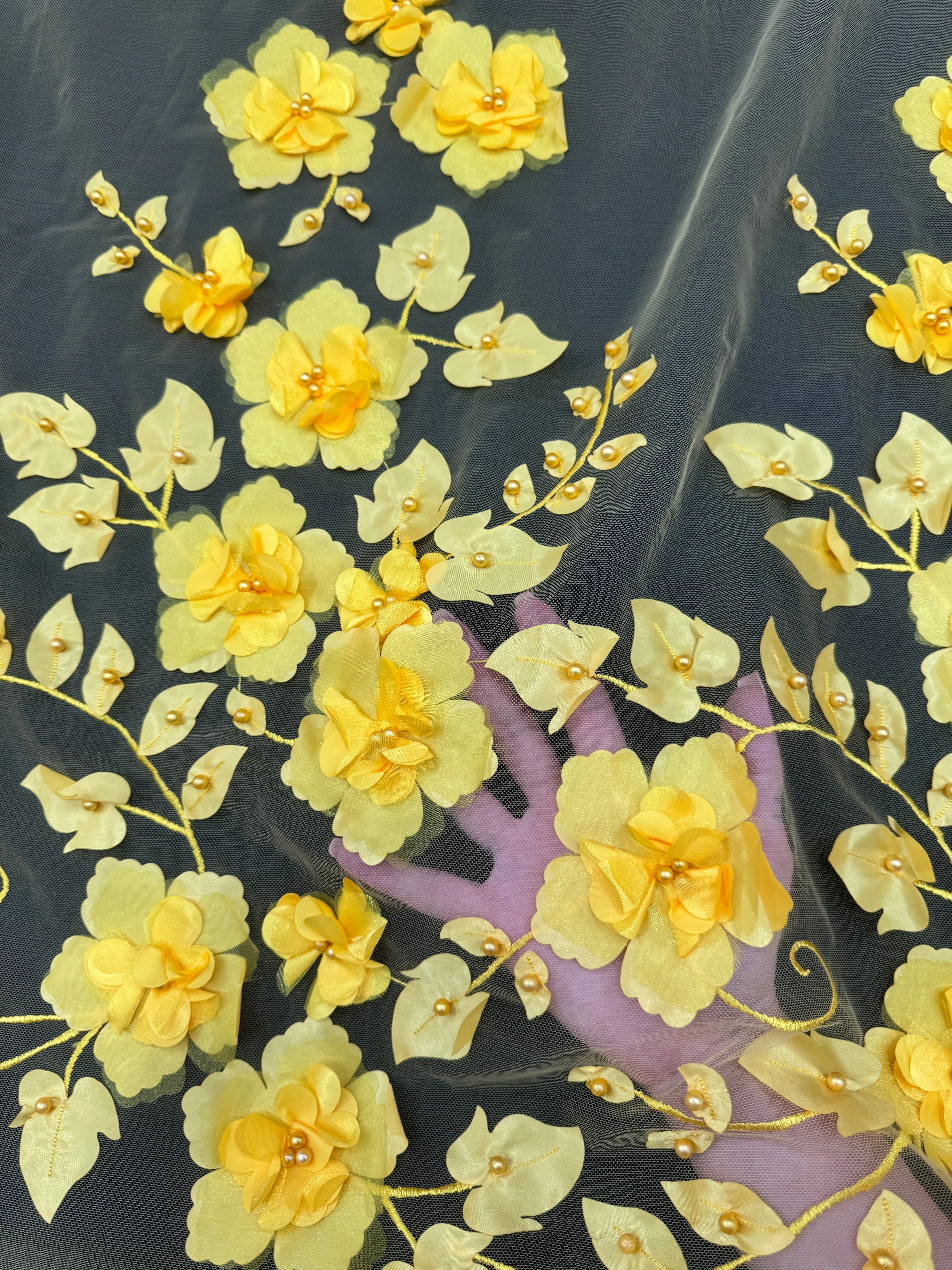 Yellow 3D Flower Beaded Lace Mesh - Image 7